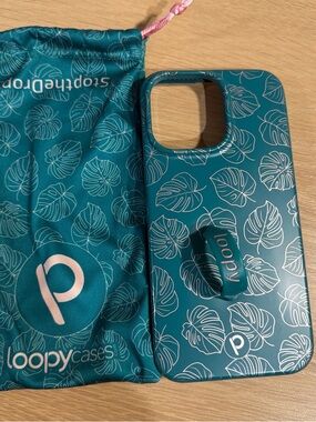 14 pro max righty Loopy Case Teal Tropical Leaf Phone Case with Matching Pouch
